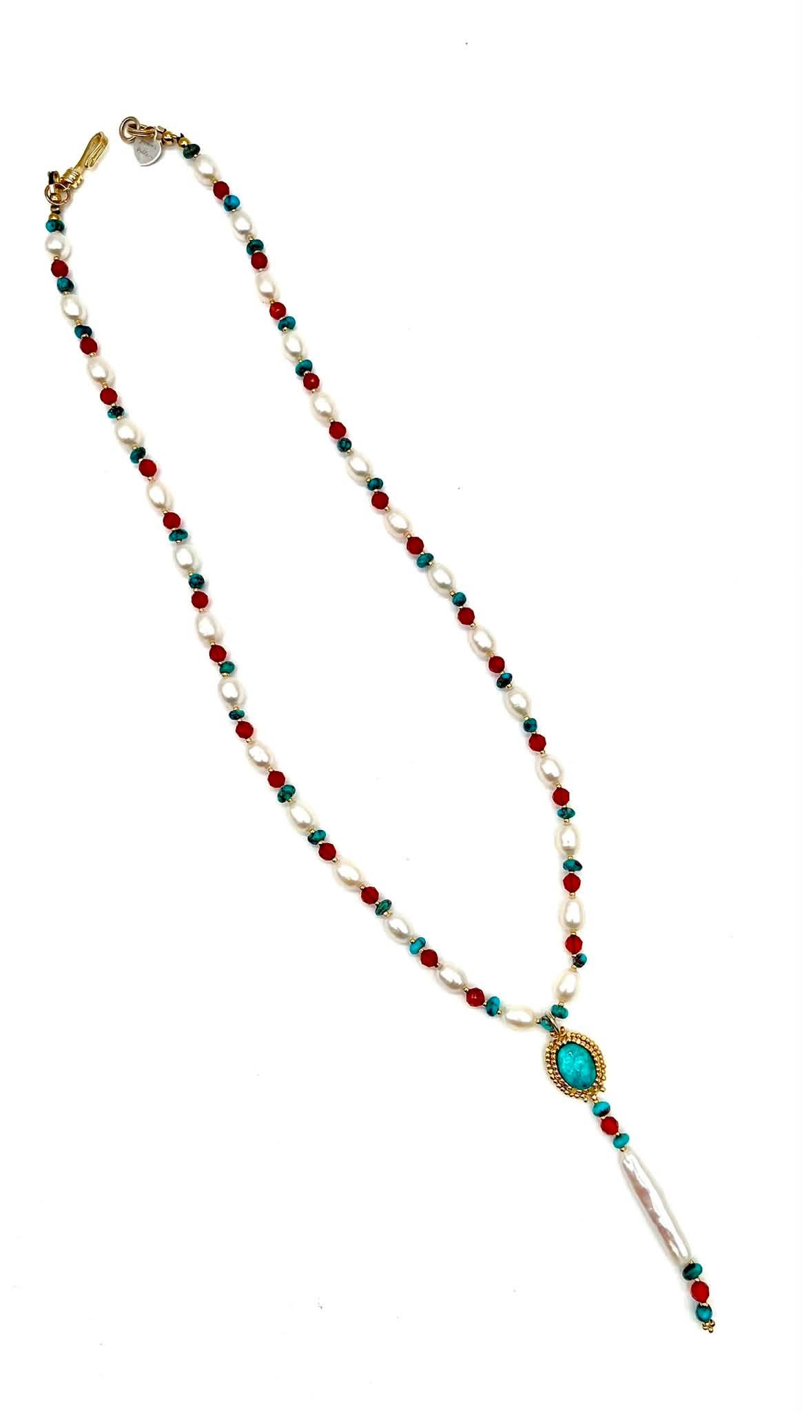 Zuni Jovanna Poblano Signed Beaded Turquoise Carnelian & Pearls Necklace 42/ - Image 4
