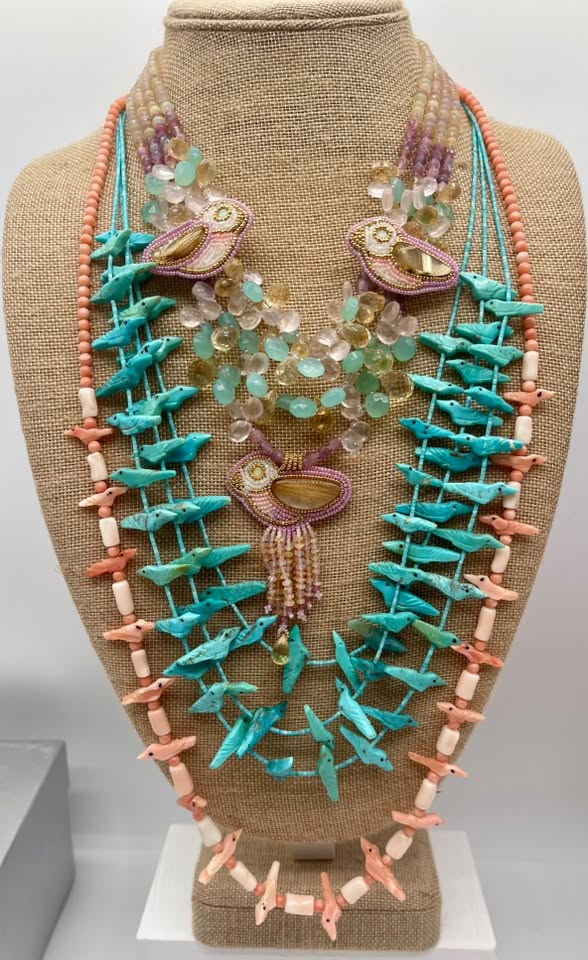 Zuni Jovanna Poblano Signed Citrine, Opal, Pink Rose Quartz, Chalcedony, Pink Tourmaline Beaded Bird Necklace 40/ - Image 2