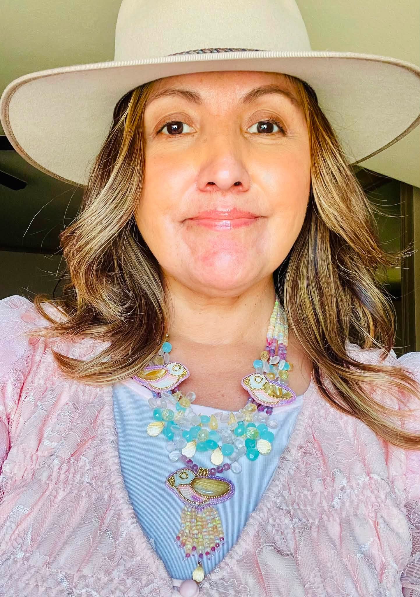 Zuni Jovanna Poblano Signed Citrine, Opal, Pink Rose Quartz, Chalcedony, Pink Tourmaline Beaded Bird Necklace 40/ - Image 5