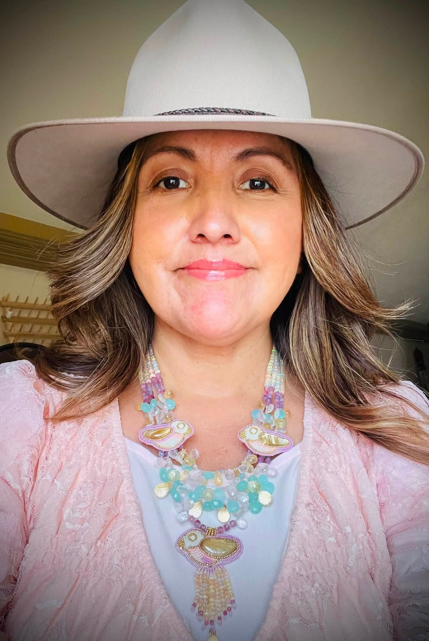 Zuni Jovanna Poblano Signed Citrine, Opal, Pink Rose Quartz, Chalcedony, Pink Tourmaline Beaded Bird Necklace 40/