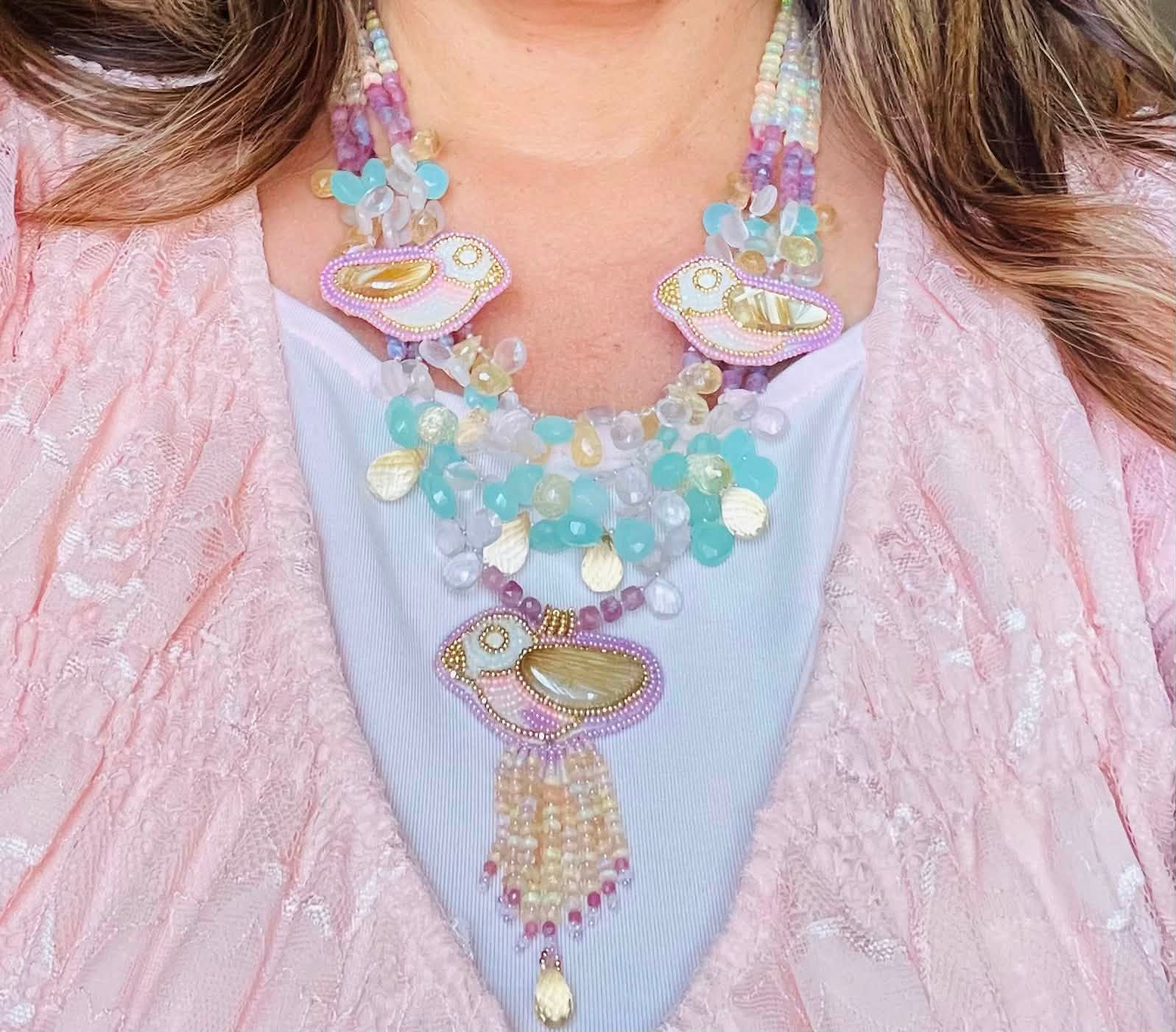 Zuni Jovanna Poblano Signed Citrine, Opal, Pink Rose Quartz, Chalcedony, Pink Tourmaline Beaded Bird Necklace 40/ - Image 3