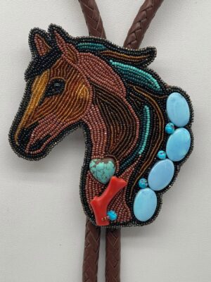 Zuni Jovanna Poblano Signed Golden Hills Turquoise & Coral Beaded Horse Pony Bolo Tie/
