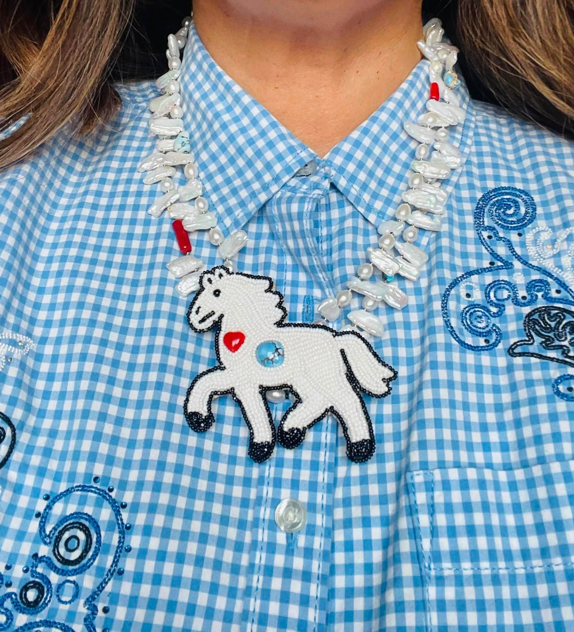 Zuni Jovanna Poblano Signed Pearls,Golden Hills Turquoise,Coral Beaded Horse Pony Necklace 39/ - Image 5