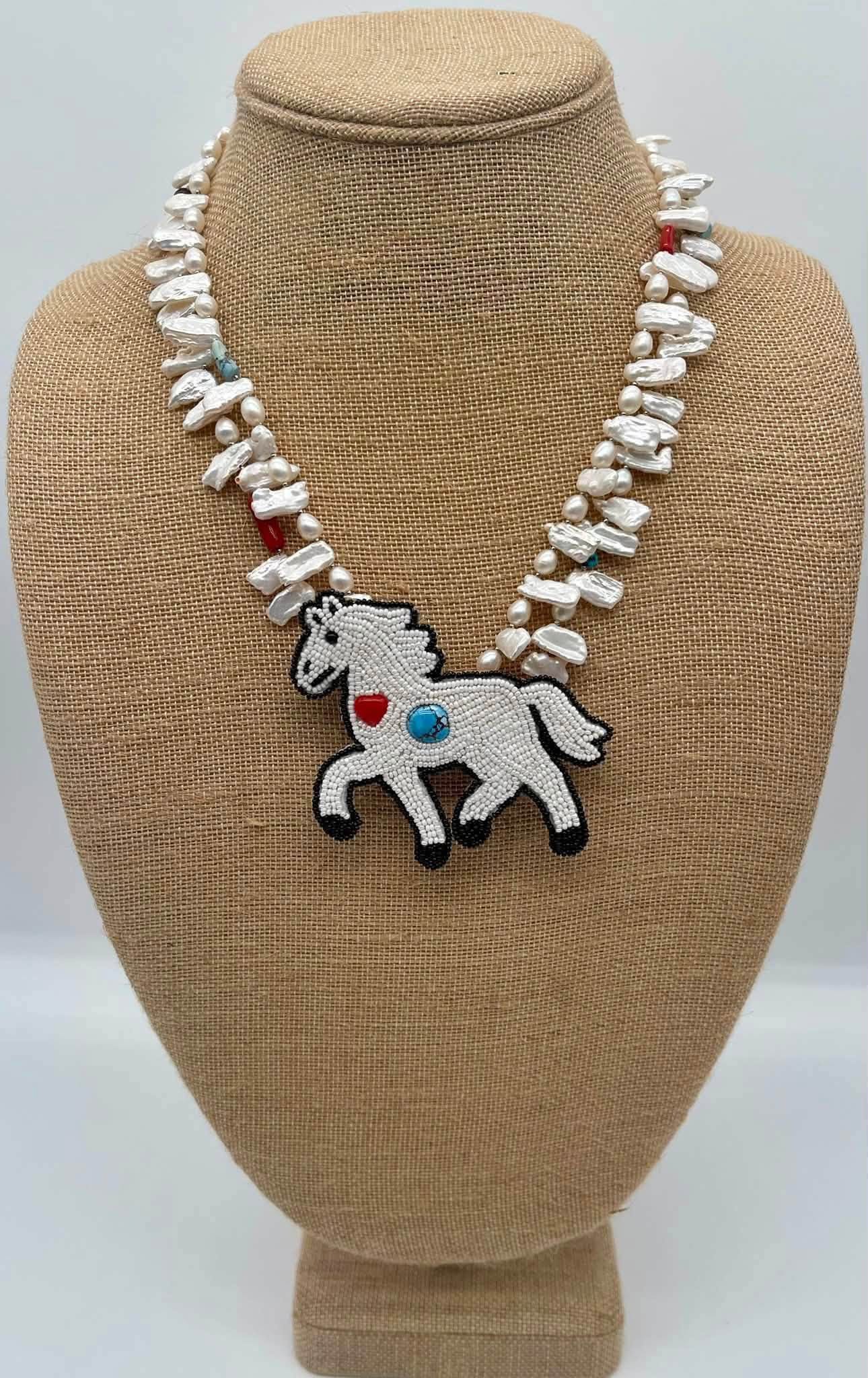Zuni Jovanna Poblano Signed Pearls,Golden Hills Turquoise,Coral Beaded Horse Pony Necklace 39/ - Image 4