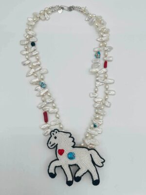 Zuni Jovanna Poblano Signed Pearls,Golden Hills Turquoise,Coral Beaded Horse Pony Necklace 39/