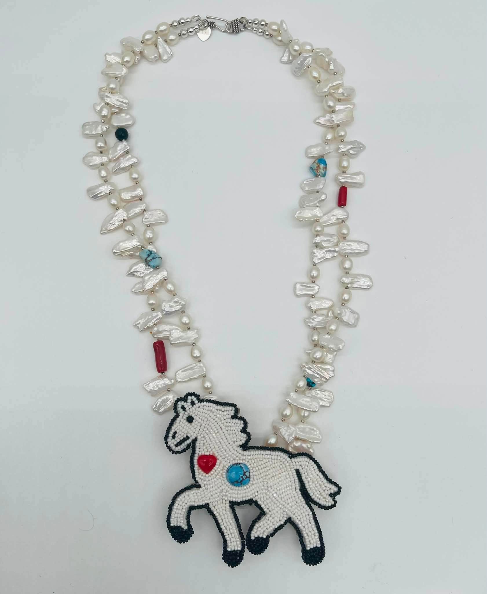 Zuni Jovanna Poblano Signed Pearls,Golden Hills Turquoise,Coral Beaded Horse Pony Necklace 39/
