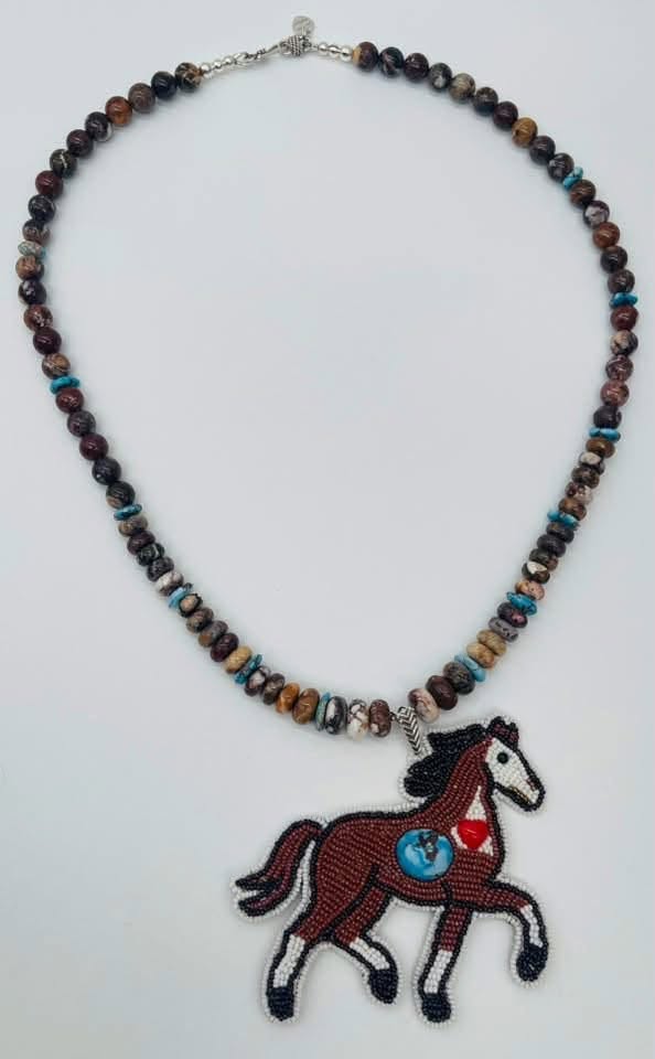 Zuni Jovanna Poblano Signed Wild Horse & Golden Hills Turquoise Beaded Horse Pony Necklace 38/ - Image 2