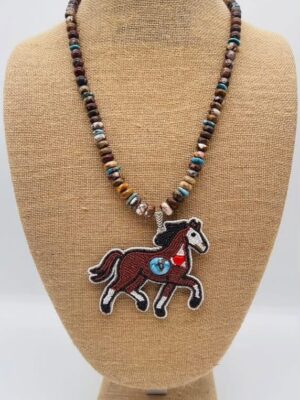 Zuni Jovanna Poblano Signed Wild Horse & Golden Hills Turquoise Beaded Horse Pony Necklace 38/