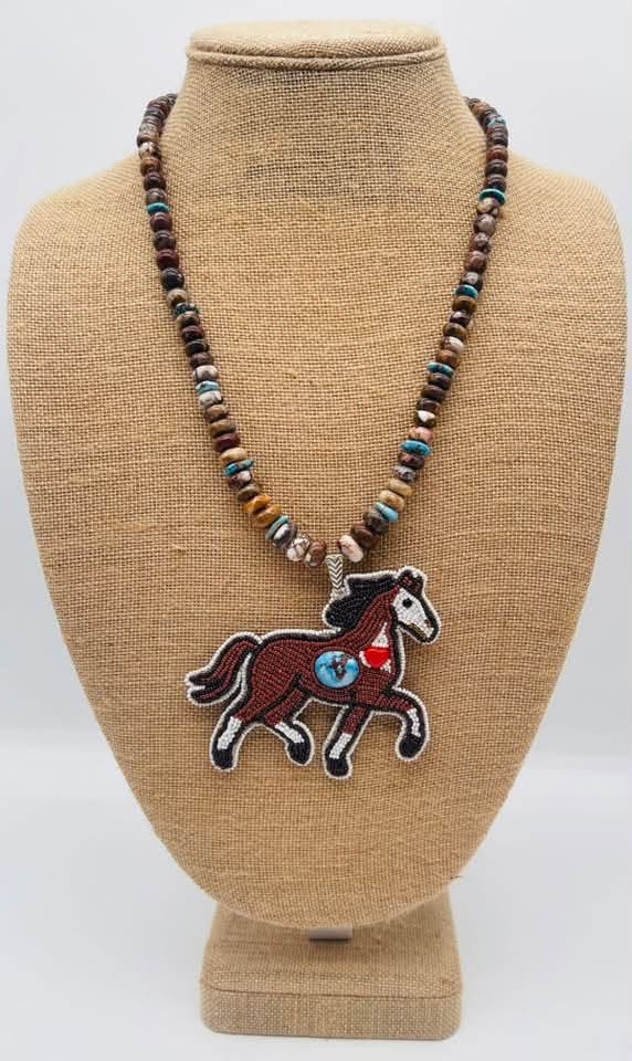 Zuni Jovanna Poblano Signed Wild Horse & Golden Hills Turquoise Beaded Horse Pony Necklace 38/