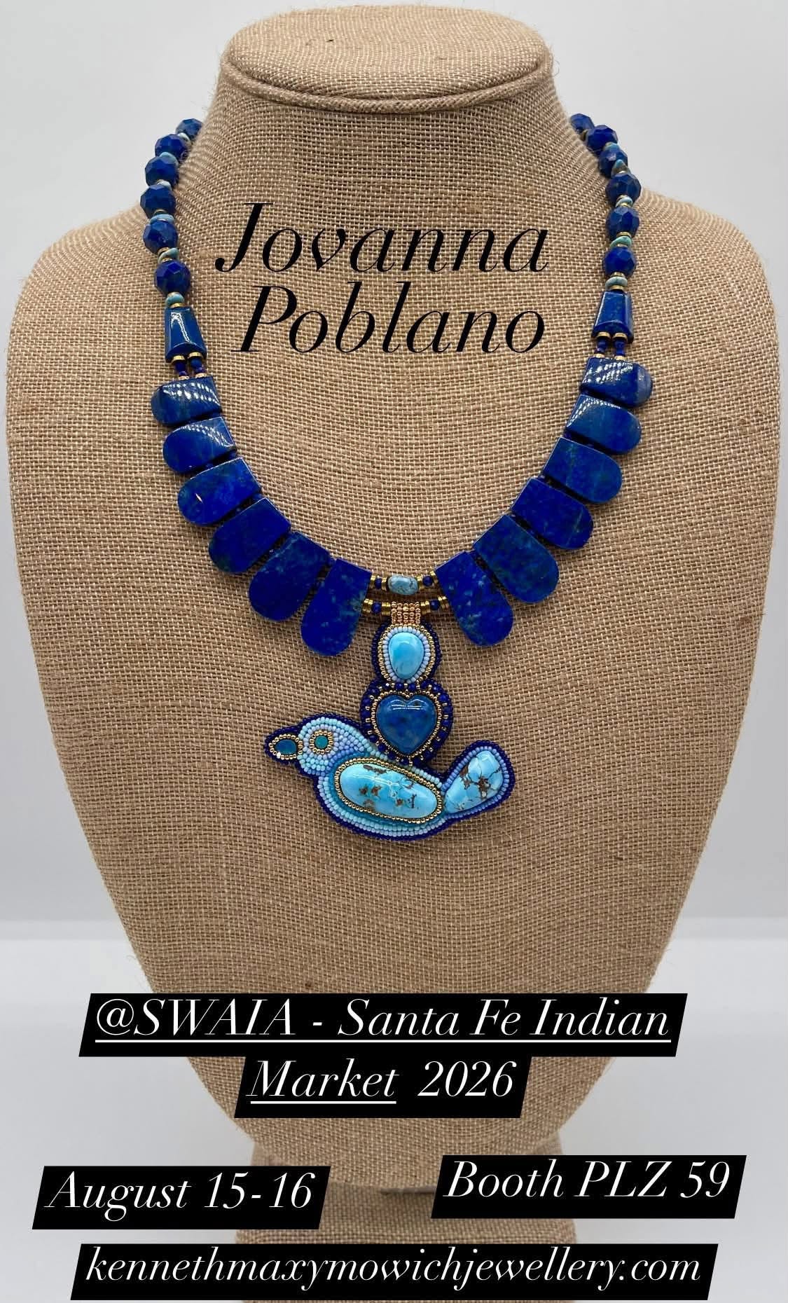 Zuni Jovanna Poblano Signed Lapis Lazuli & Golden Hills Turquoise Beaded Bird Necklace 37/