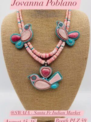 Zuni Jovanna Poblano Signed Pink Rose Quartz, Thulite & Sleeping Beauty Beaded Bird Necklace 36/
