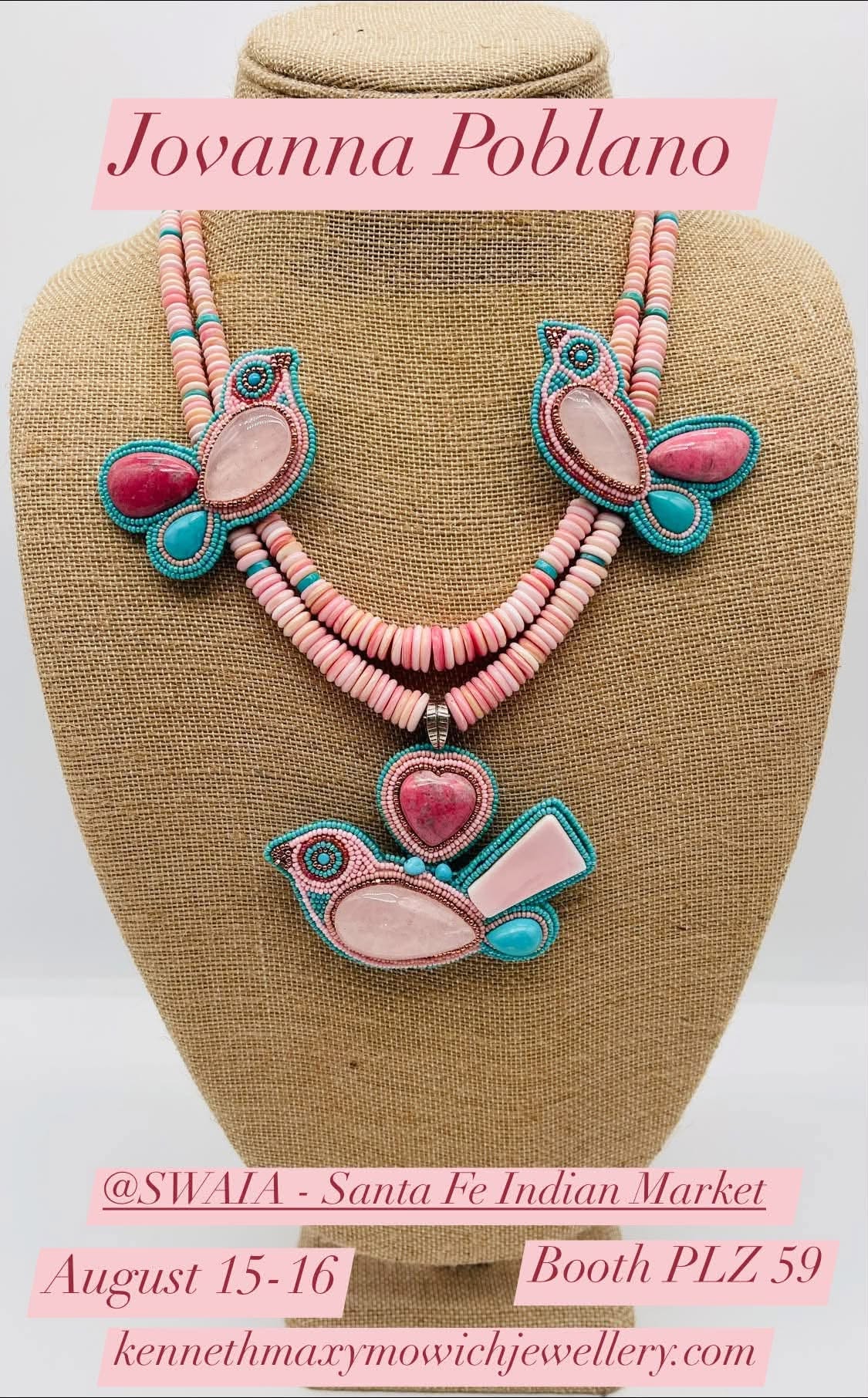 Zuni Jovanna Poblano Signed Pink Rose Quartz, Thulite & Sleeping Beauty Beaded Bird Necklace 36/