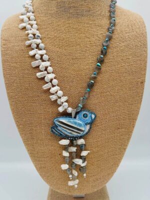Zuni Jovanna Poblano Signed Beaded Bird in Angelite Stone Pearls Laboradorite Necklace 33/