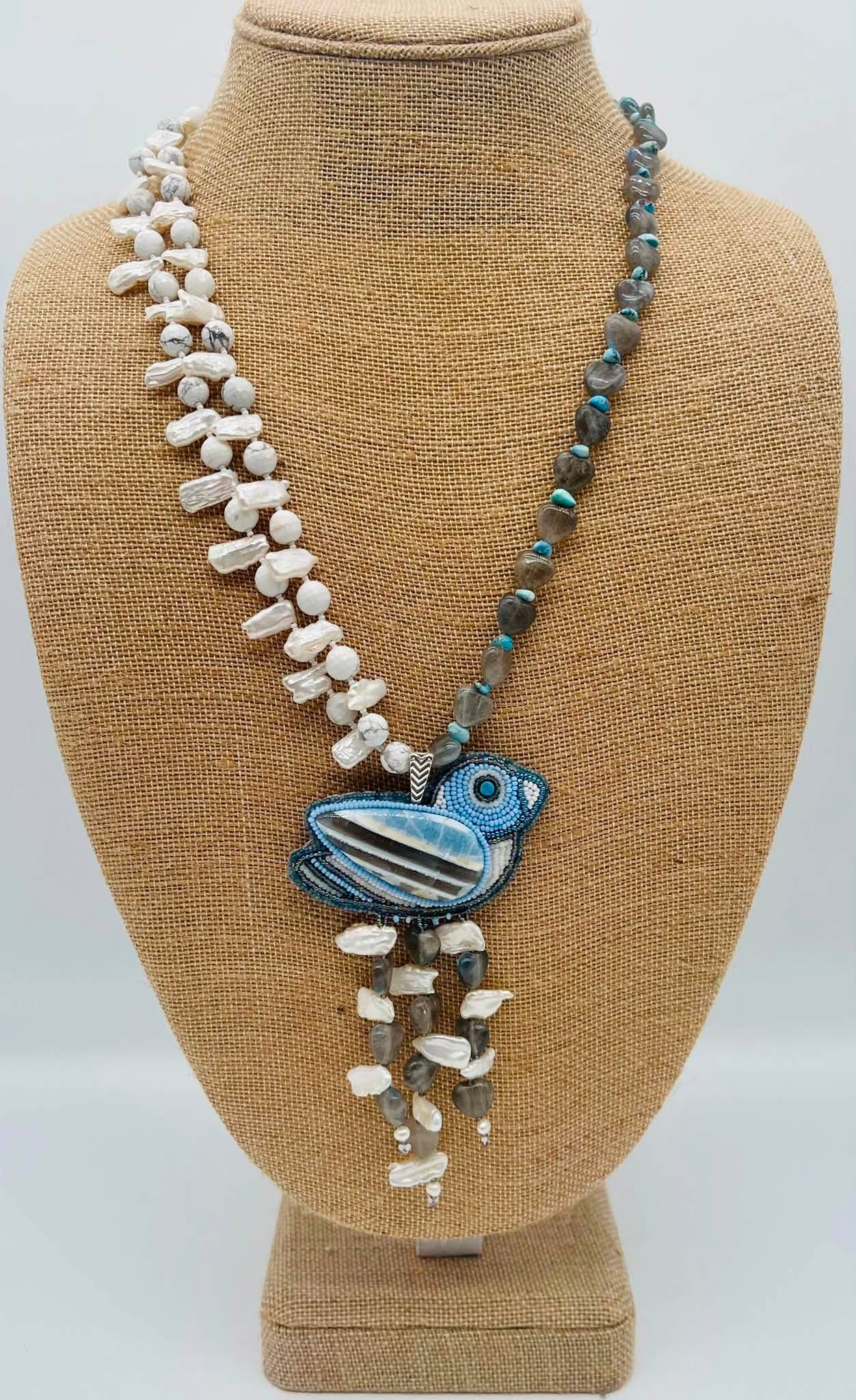 Zuni Jovanna Poblano Signed Beaded Bird in Angelite Stone Pearls Laboradorite Necklace 33/