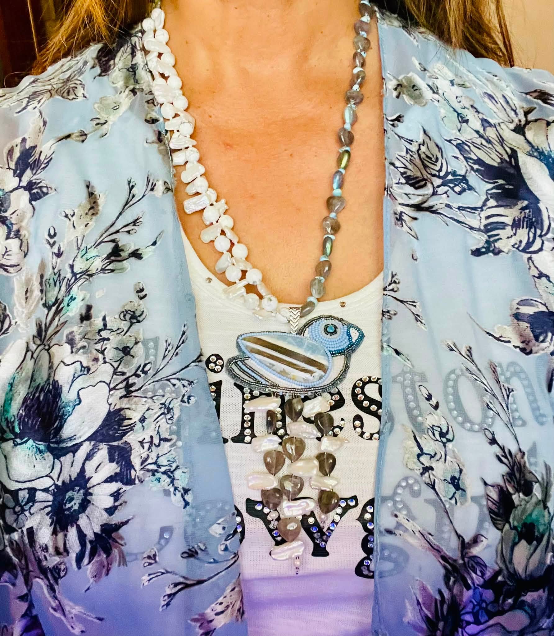 Zuni Jovanna Poblano Signed Beaded Bird in Angelite Stone Pearls Laboradorite Necklace 33/ - Image 3