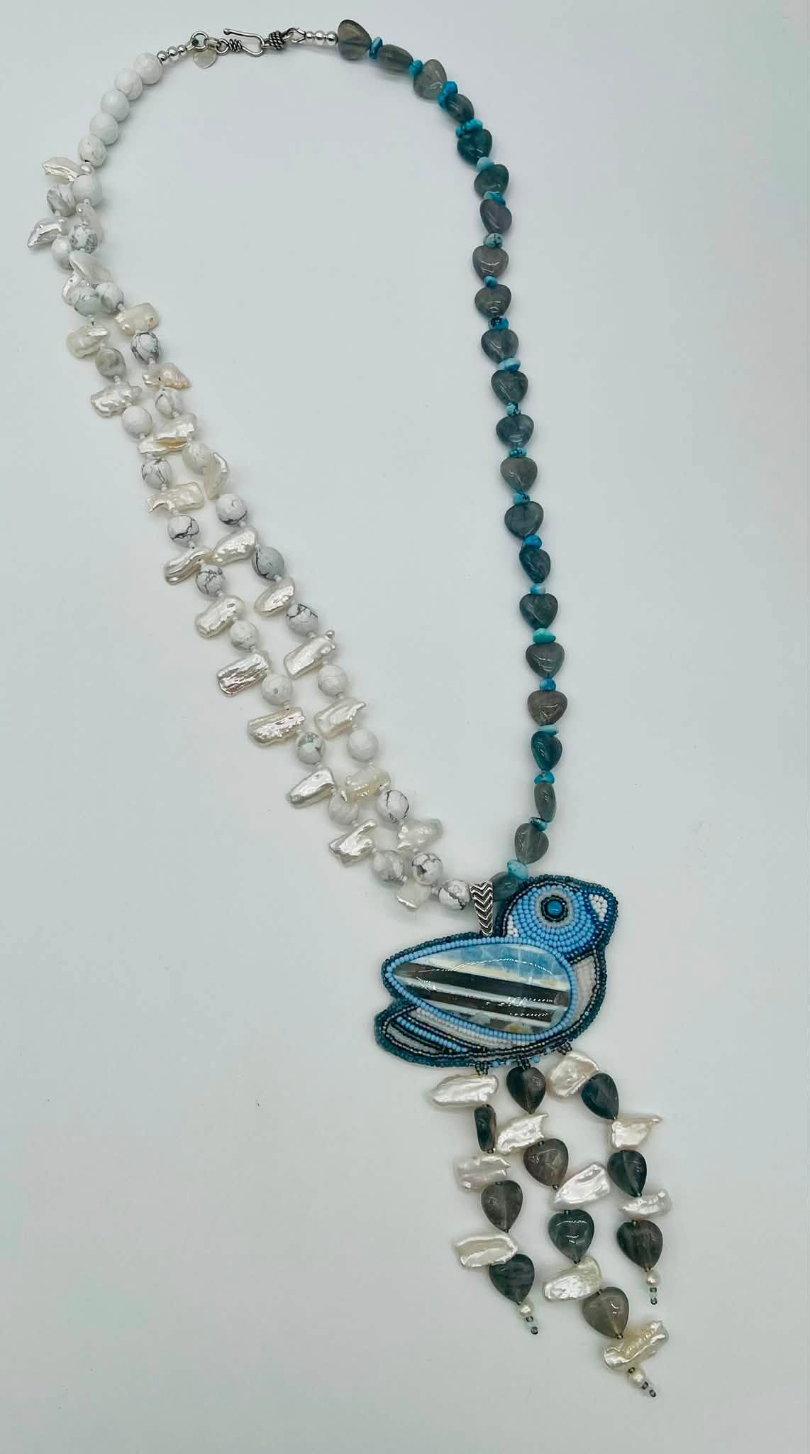 Zuni Jovanna Poblano Signed Beaded Bird in Angelite Stone Pearls Laboradorite Necklace 33/ - Image 2