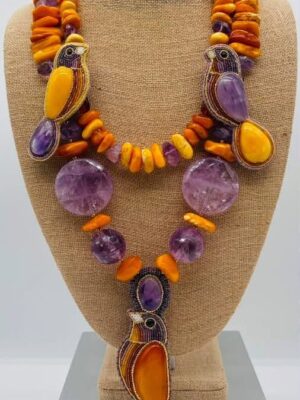 Zuni Jovanna Poblano Signed Baltic Amber & Amethyst Beaded Bird Necklace 34/
