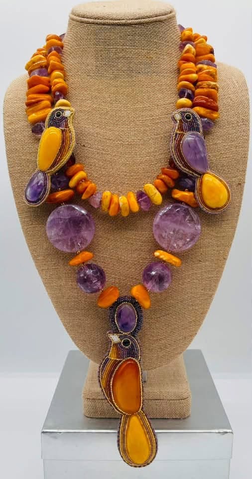 Zuni Jovanna Poblano Signed Baltic Amber & Amethyst Beaded Bird Necklace 34/
