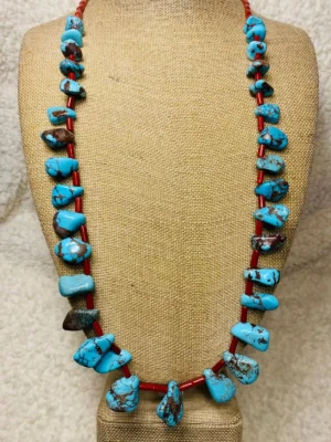 Zuni Jovanna Poblano Signed Mediterranean Coral & Egyptian Prince Turquoise Necklace 19
