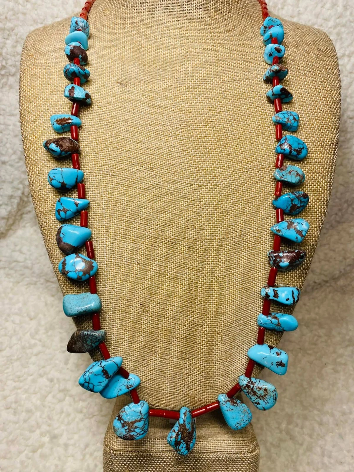 Zuni Jovanna Poblano Signed Mediterranean Coral & Egyptian Prince Turquoise Necklace 19